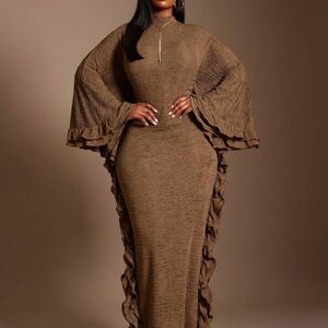 SHEIN Brown Ruffle-Panel Maxi Dress